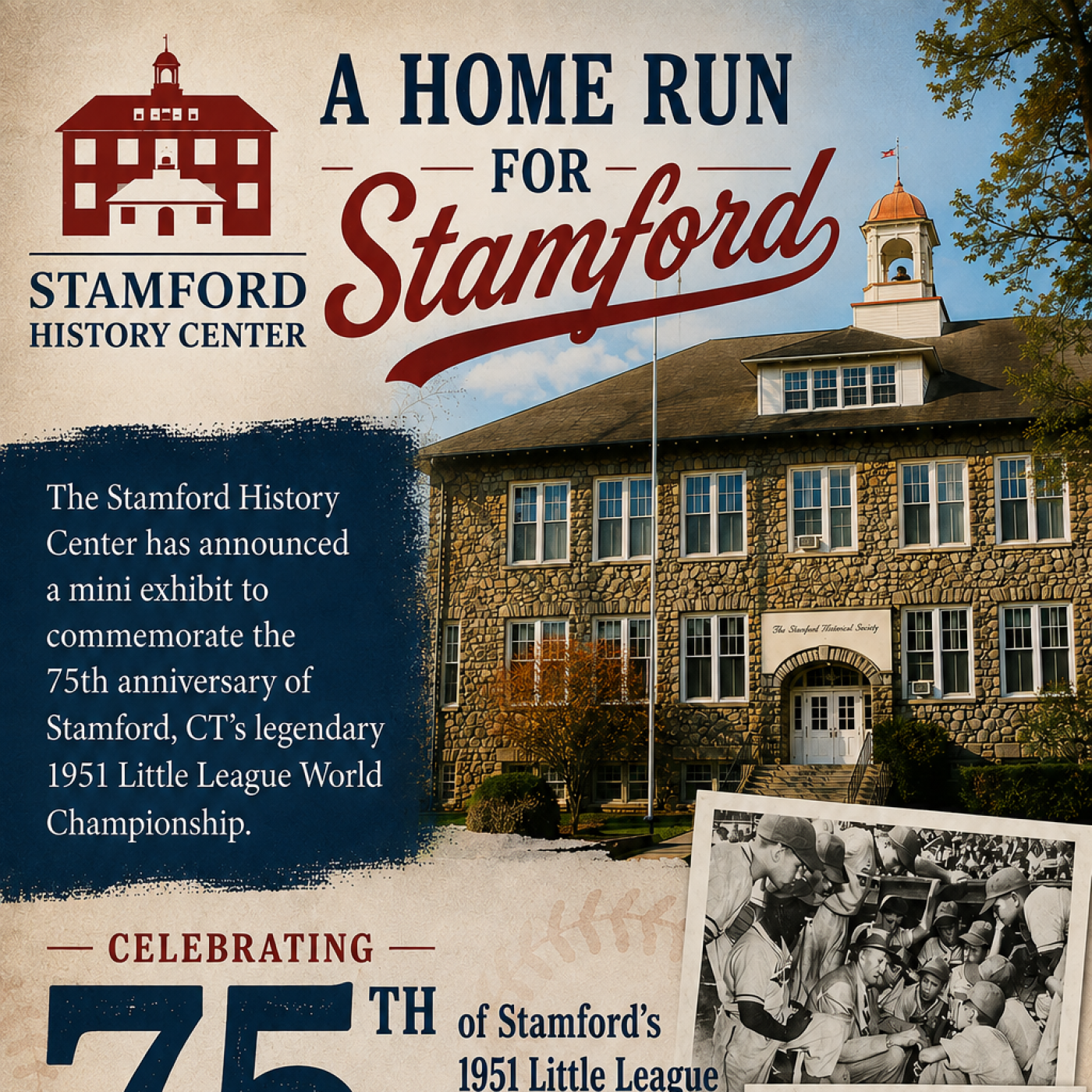 Little League flyer with baseball team photos and SHC building