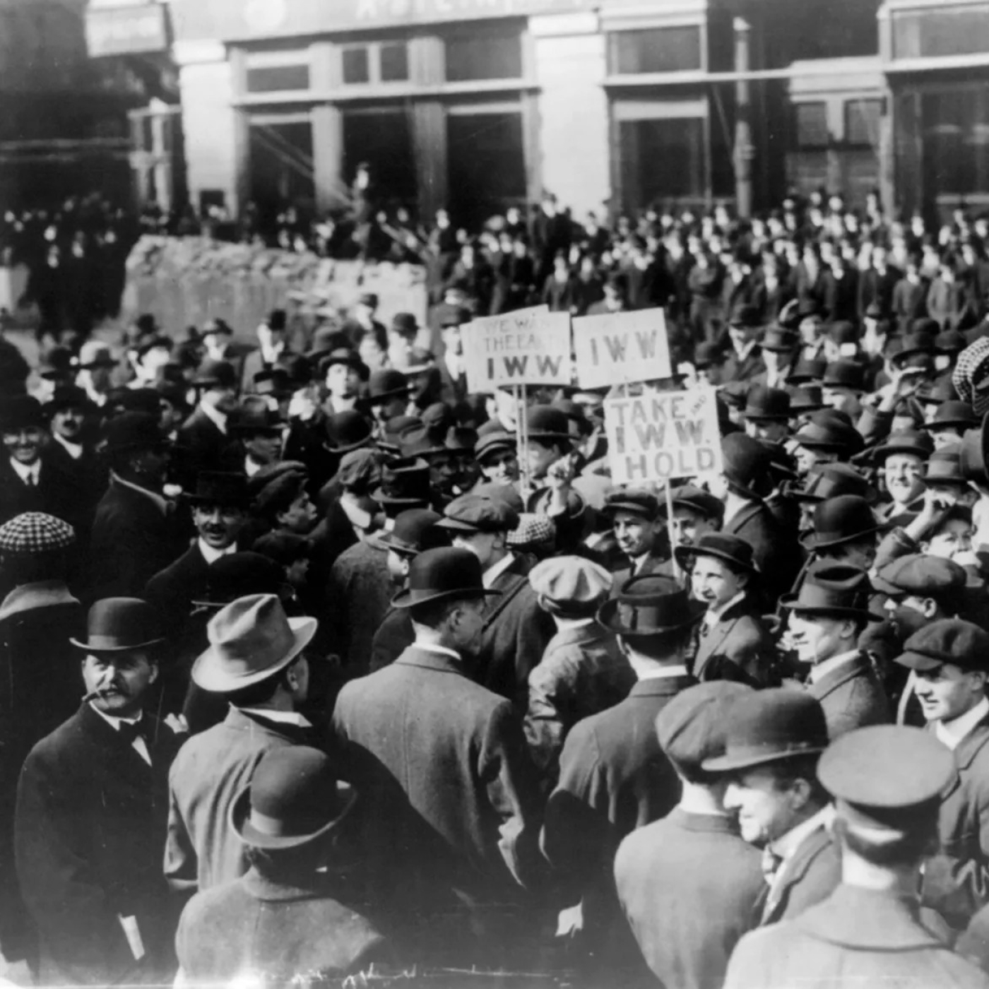 Historical photo from 1914 of the International Workers of the World publicly demonstrating
