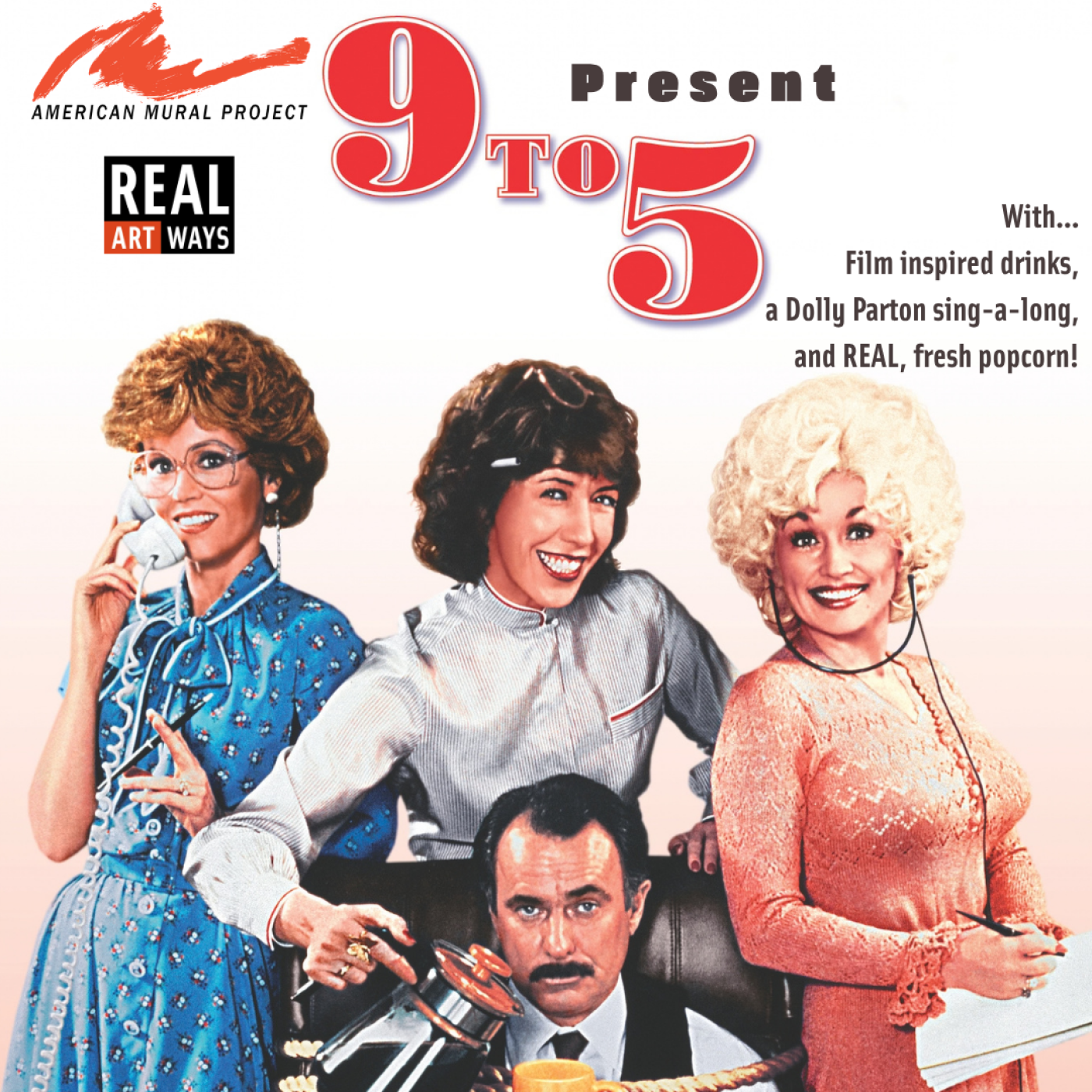Jane Fonda, Lily Tomlin, Dolly Parton and Dabney Coleman on the film poster of 9 to 5