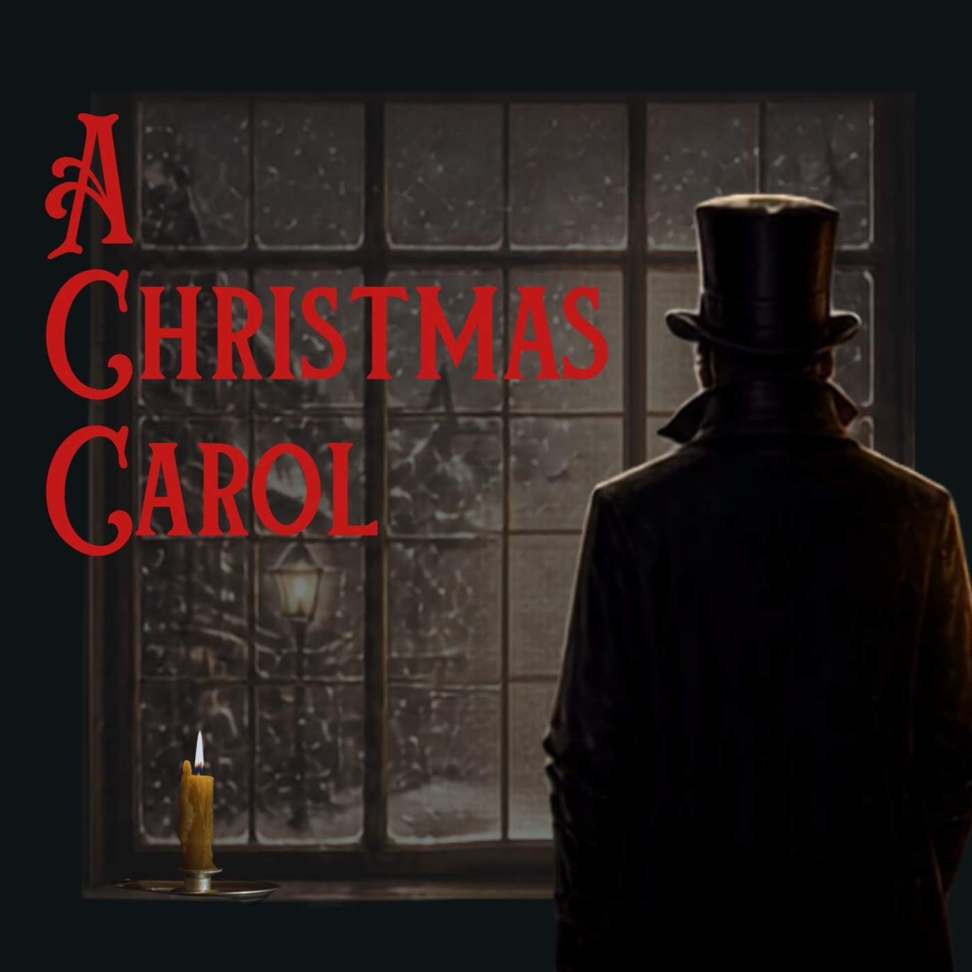 A man in a top hat staring our a window at the snow.
