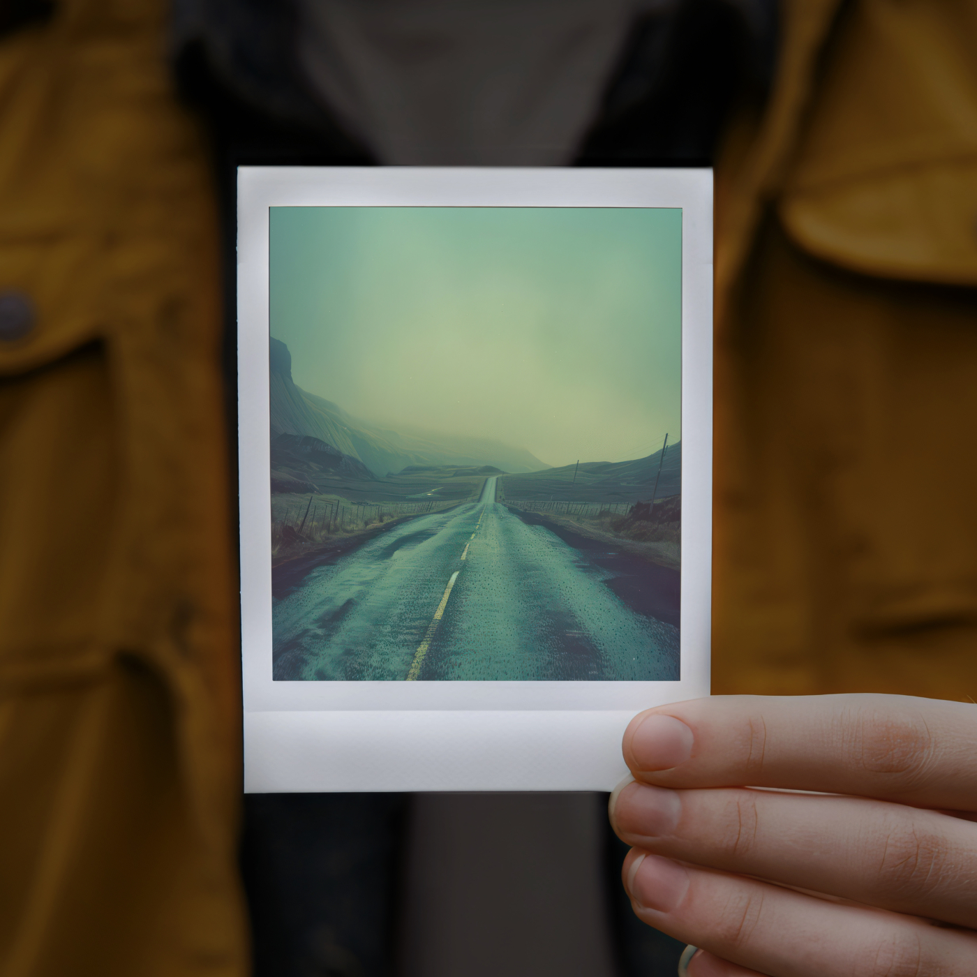 A person holding up a polaroid picture of an abandoned road.