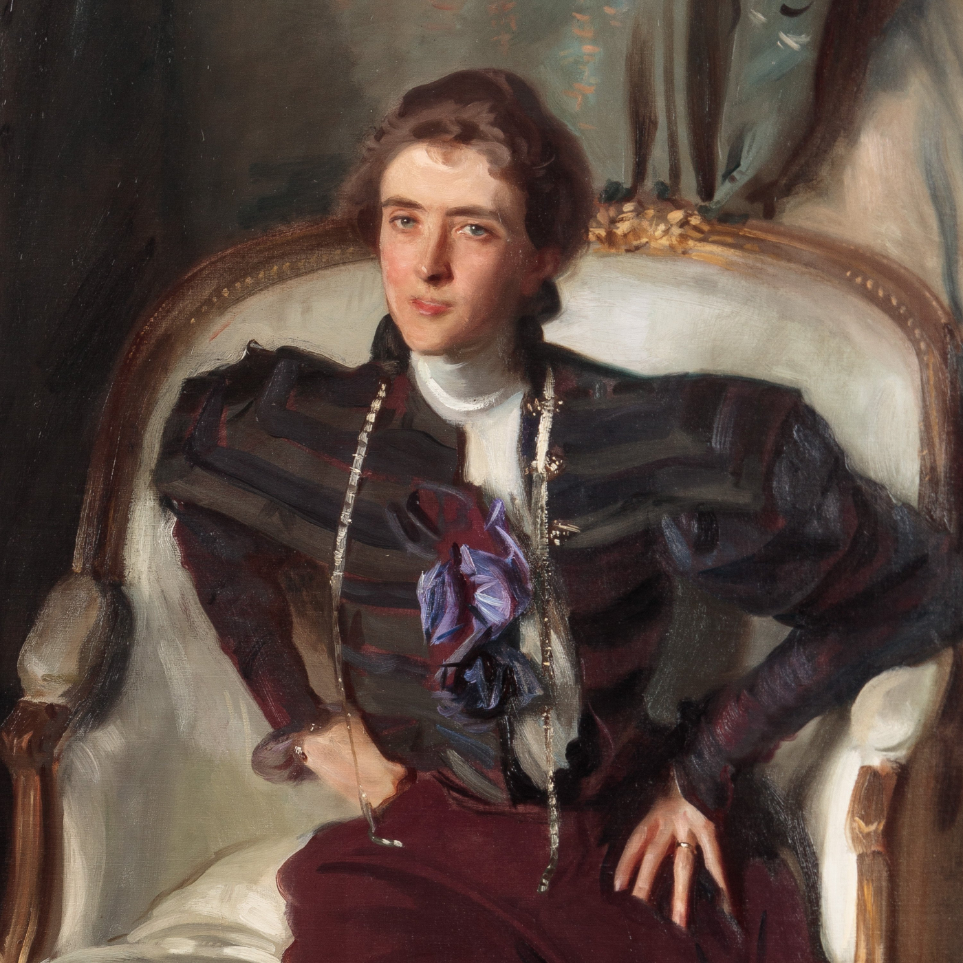 Woman sitting in a chair, staring at the artist with her arms akimbo.