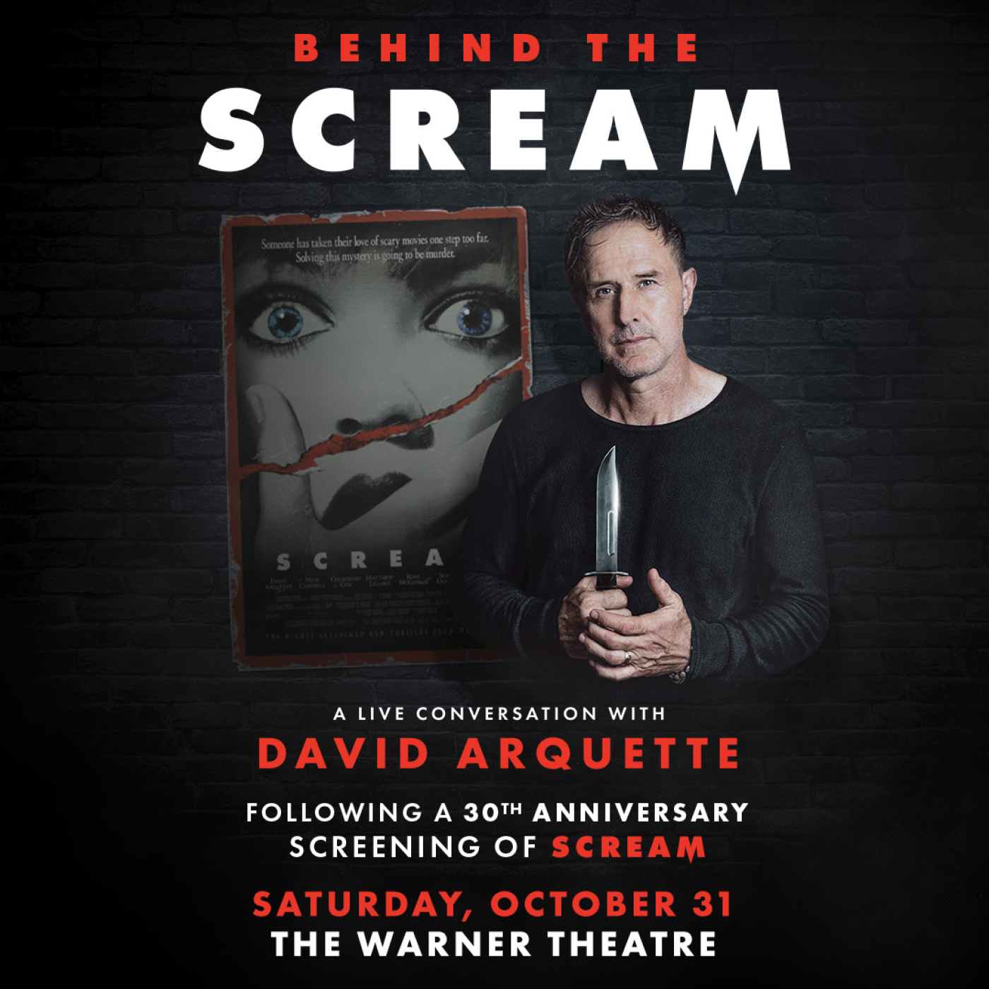 David Arquette standing in front of the Scream artwork holding a knife.