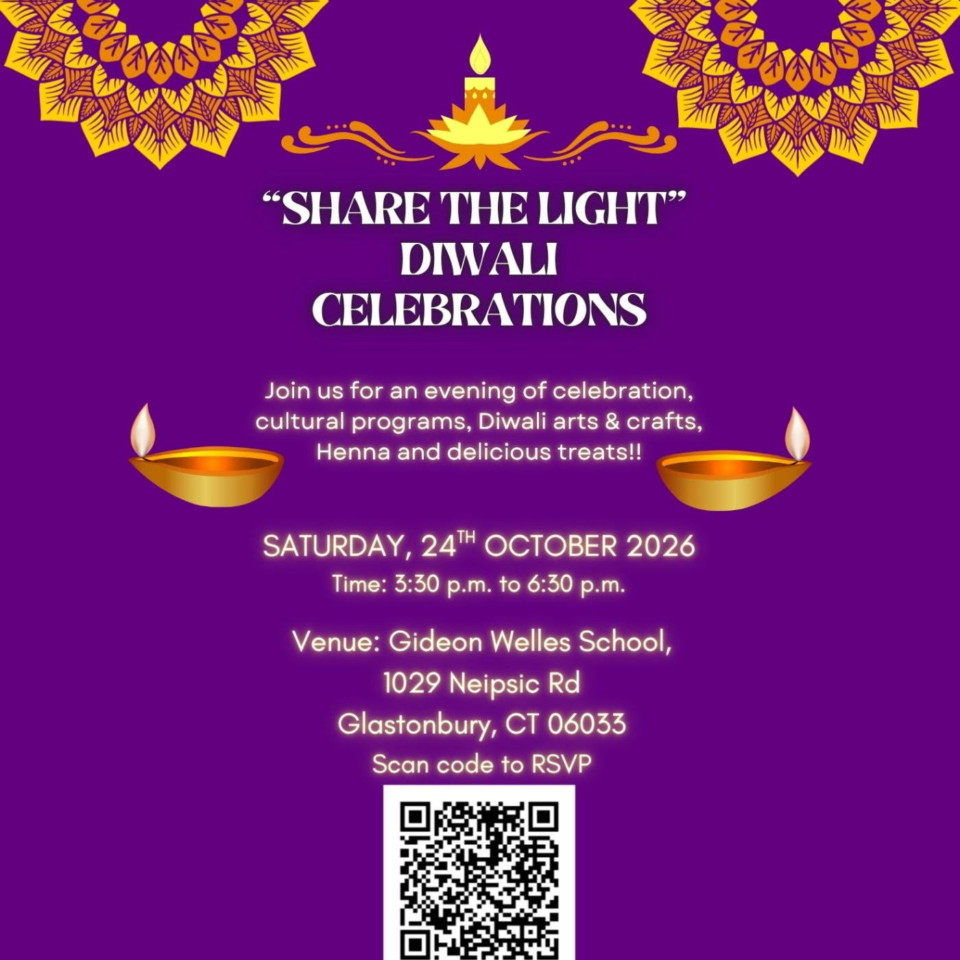 Share the Light - Diwali Celebrations Flyer with details of venue, time and day