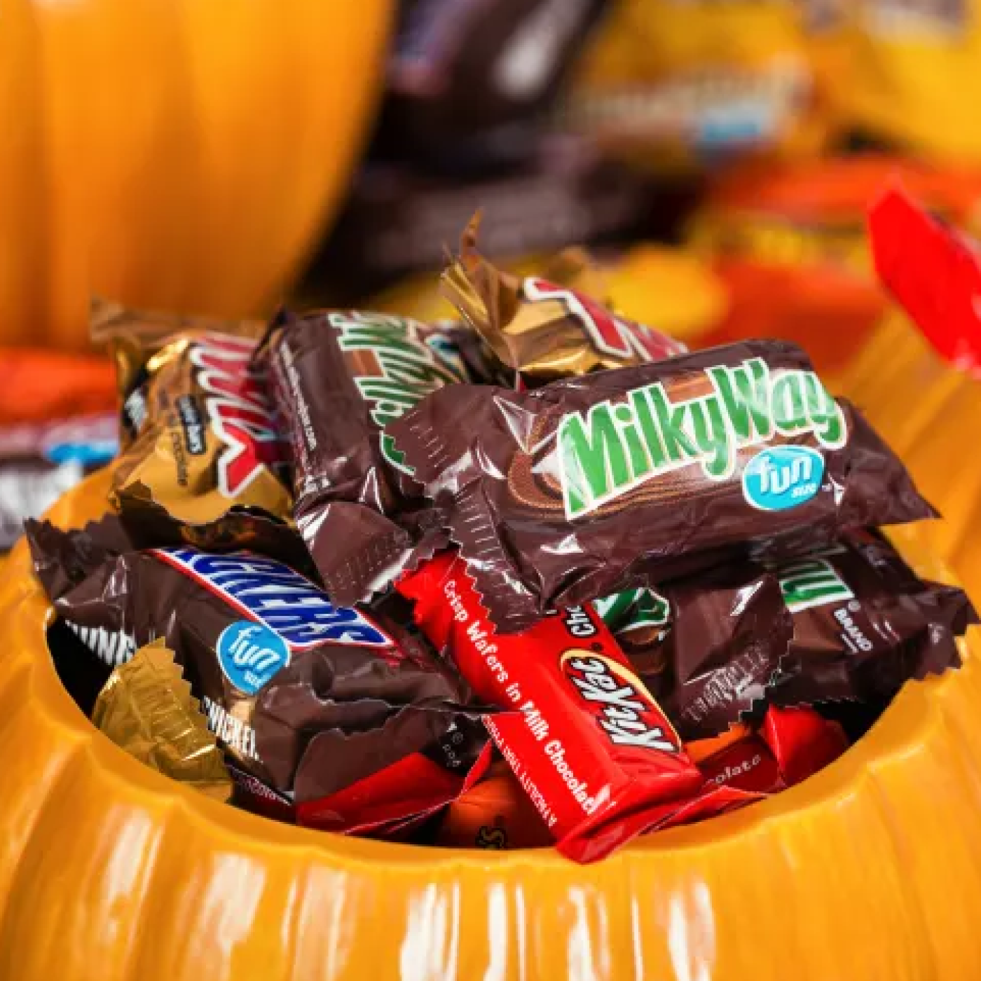 Classic halloween candy shown in a ceramic pumpkin 