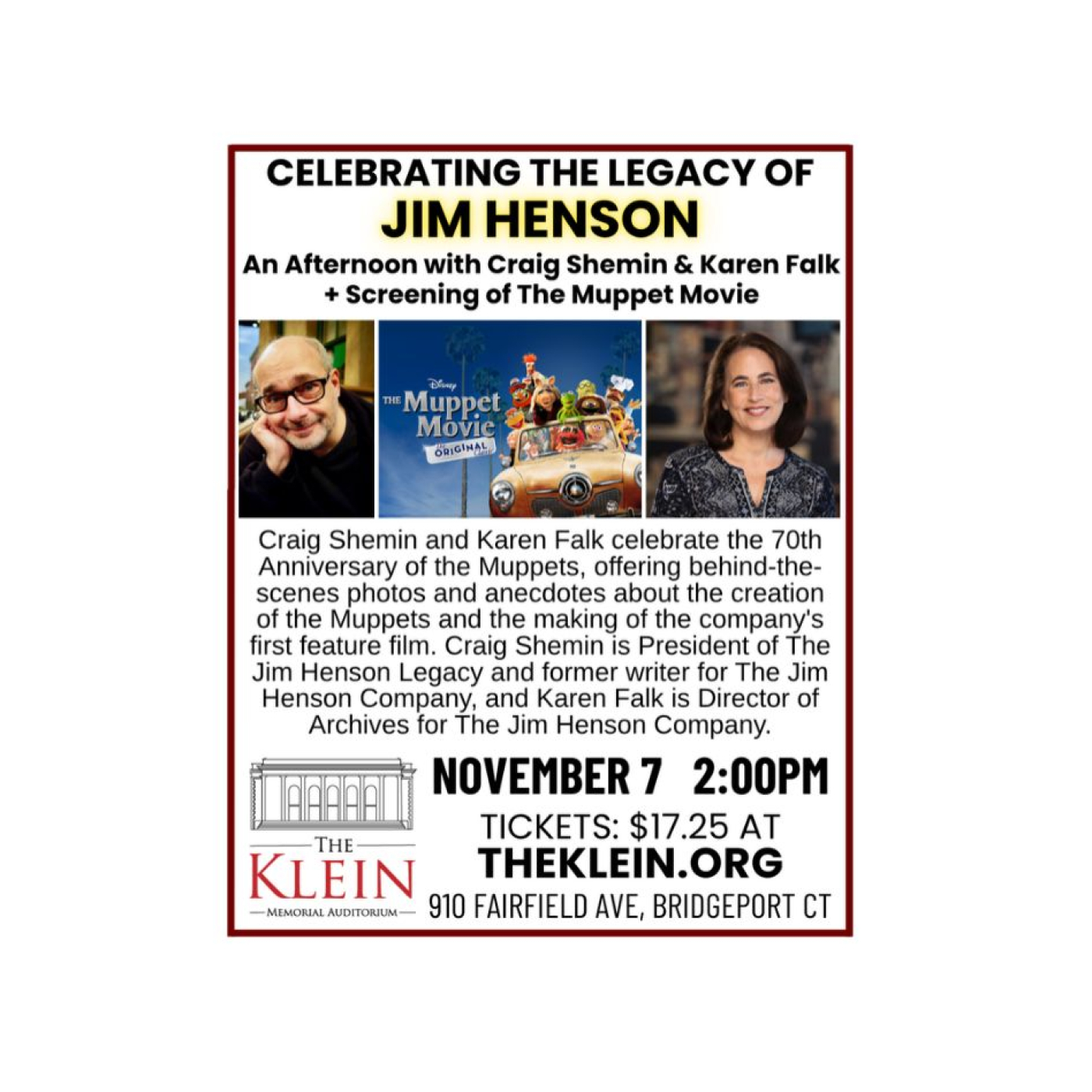 A flyer with the photos of Craig Shemin and Karen Falk along with the cover of The Muppets Movie