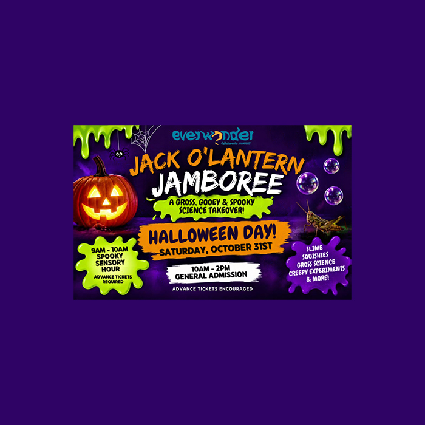Promotional graphic for the Jack O'Lantern Jamboree at EverWonder Children's Museum. Saturday, Oct 31, from 10:00 AM–2:00 PM