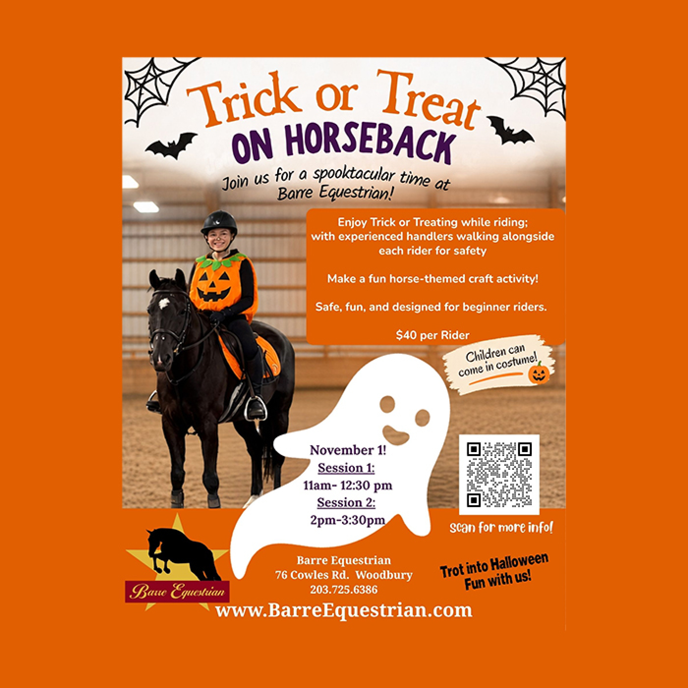 Kid in Halloween costume riding a black pony