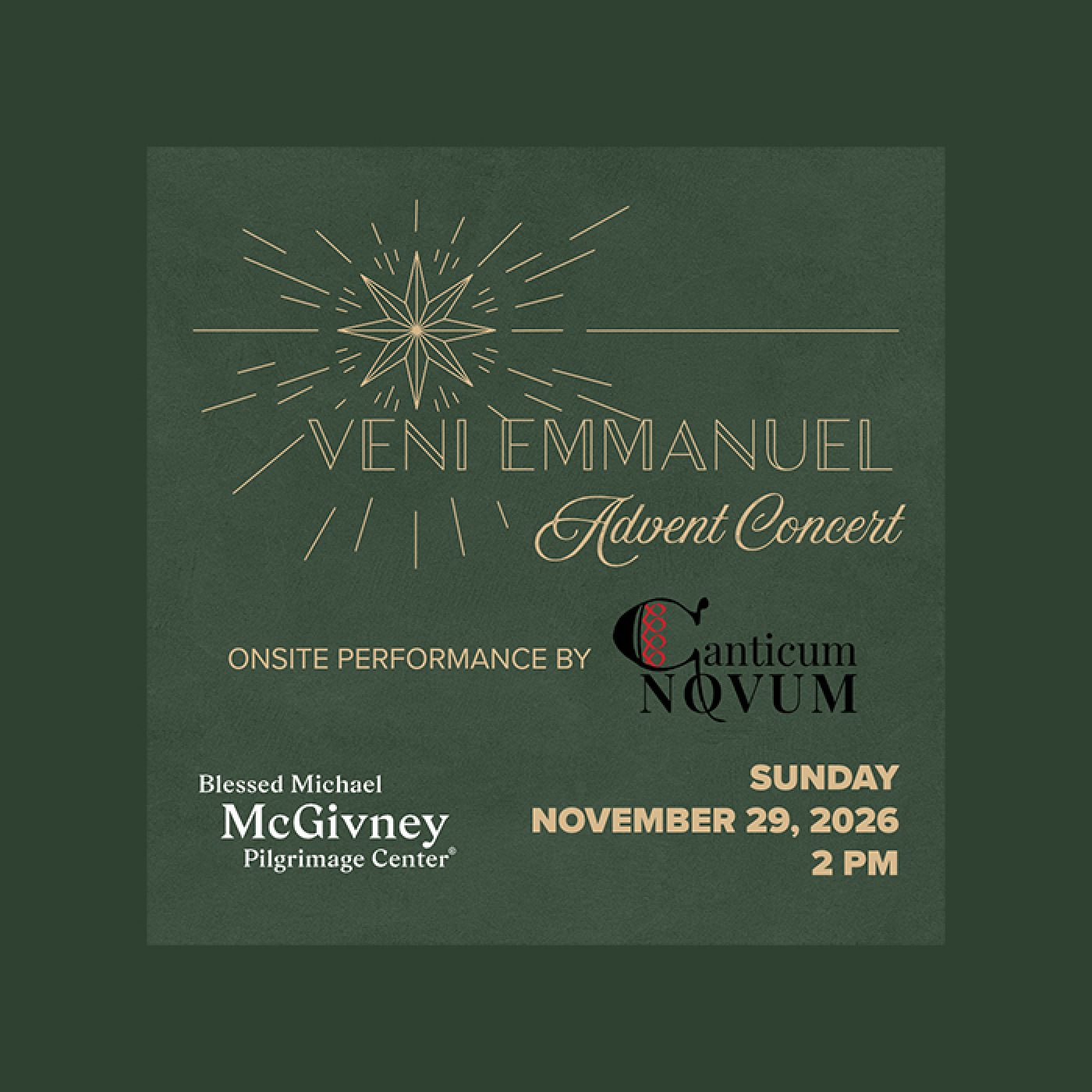 Promotional graphic for the free program "Veni Emmanuel: Advent Concert" by Canticum Novum on November 29, 2026 at 2pm. 