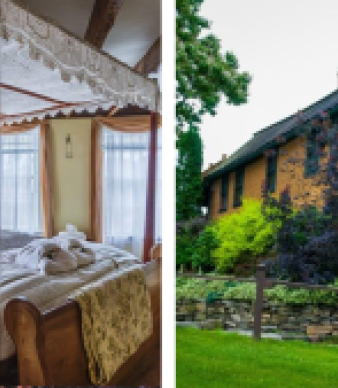 Cozy bedroom with canopy bed and yellow historic house exterior