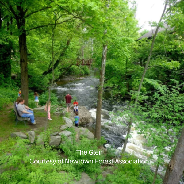 Visitors enjoying a small waterfall at The Glen in Sandy Hook.