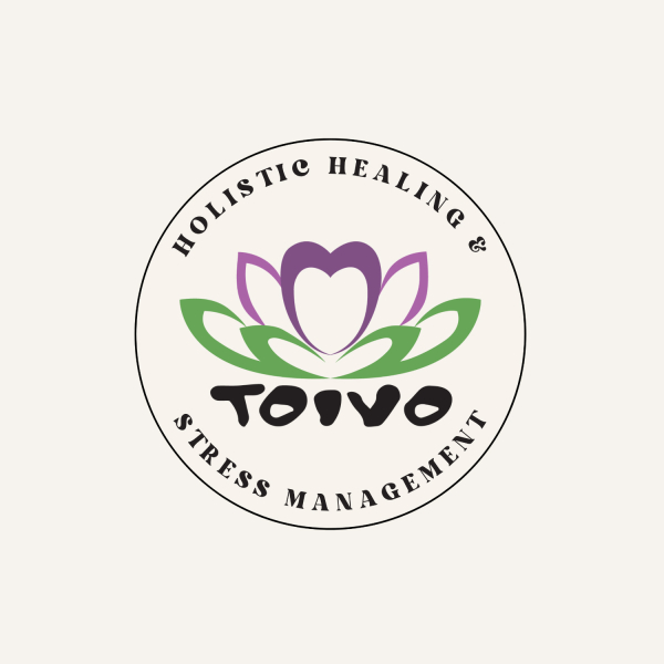 The Toivo logo showing a lotus flower with a heart at the center and the words "Holistic Healing & Stress Management"
