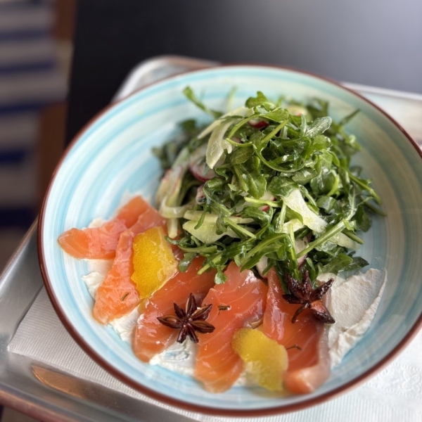 A dish of smoked salmon and mixed greens from Gveenah in West Hartford, CT