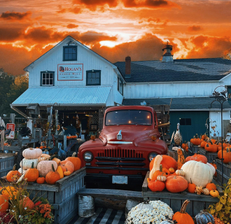Hogan's Cider Mill with red vintage truck and autumn pumpkin display
