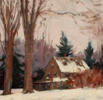 painting of wooden house surrounded by trees. 