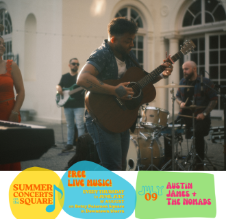 A band performs in a courtyard, a man playing guitar is front and center