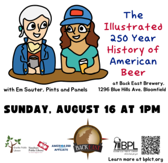cartoon of woman drinking beer with a Founding Father