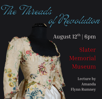 18th century silk gown with text describing the lecture