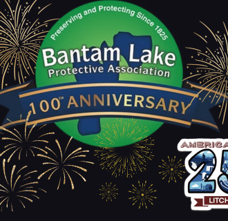 The Bantam Lake Protective Assoc. logo and the Litchfield A250 logo with fireworks 