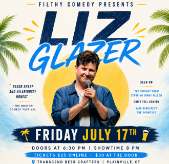 comedy flyer for liz glazer at transcend beer crafters on july 17th at 8 pm