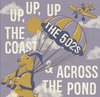 A goat wearing a parachute among the clouds on a light purple background with the words "Up, Up, Up the Coast & Across the Pond"