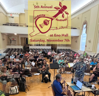 Nutmeg Ukulele Festival over an image of a past Nutmeg Ukulele Festival workshop