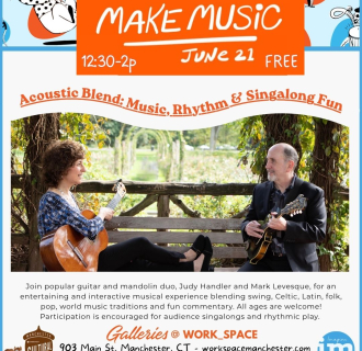 Two people on a bench playing guitar & mandolin