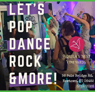 Bad Habit Party Band at Aquila's Nest Vineyards in Sandy Hook - The image shows  patrons dancing at the venue when the band performed there last year, and the venue's and band's logos. The text reads "Let's Pop, Dance, Rock & More!