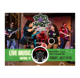 The image shows 5 of the 6 band members on a purple background with the band's name overlay, and the venue's logo up front. 