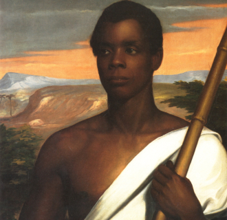 Portrait painting of Joseph Cinqué holding a staff, with a landscape and sunset sky in the background.