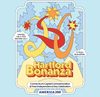 Hartford Bonanza + America 250 Connecticut poster with illustrated fireworks