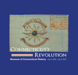 Connecticut's Revolution exhibit logo featuring an image of a blue flag used by the Second Regiment Light Dragoons. 