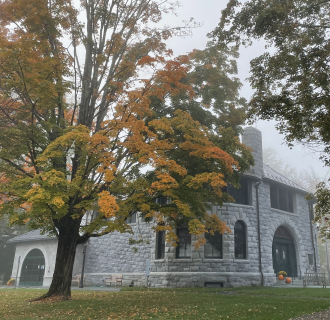 Hotchkiss Library of Sharon, built 1893, Stockbridge Marble in Fall