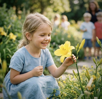 A young girl smiling while looking at a Daylily