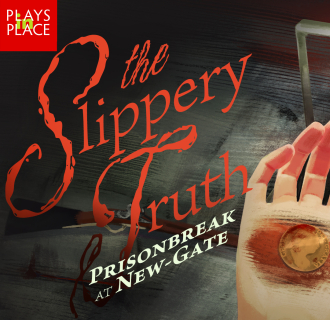 The show poster outlining the title of the show, playwrite (Patrick Gabridge), Director (Zoe Golub-Sass), and show days July 10 - Aug 30. The image shows a hand holding a coin over an opened mine shaft, with blood and a musket on the floor. 