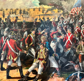 Painting of a Revolutionary War battle showing British and American forces fighting along the waterfront as a wounded officer is carried from the battlefield.