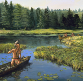 Illustration of Mohegan people paddling canoes