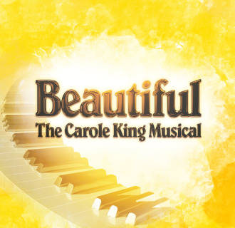 A black and yellow poster with piano keys and the name Beautiful: The Carole King Musical