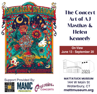 psychedelic splendor concert art by aj masthay and helen kennedy of zazzcorp on view at the mattatuck museum