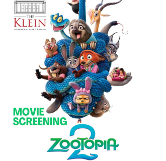 Flyer for Zootopia 2 Movie Screening at The Klein showing cartoon animals