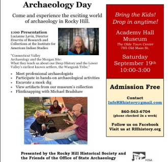 Flyer for Archaeology Day, including schedule and location, with image of speaker and child digging in a mick dig box.