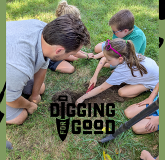 Digging for Good logo over an image of people metal detecting