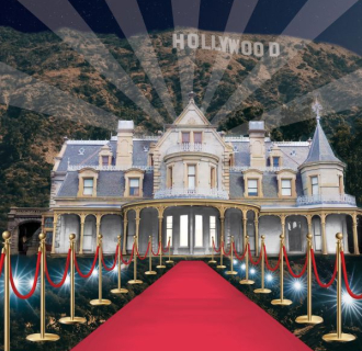An image of the Lockwood-Mathews Mansion Museum with a red carpet and Hollywood sign.