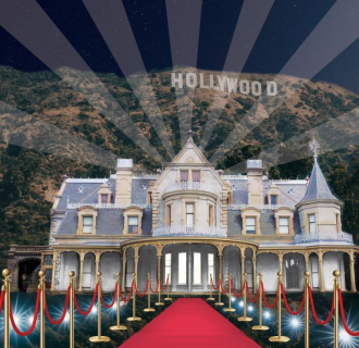 An image of the Lockwood-Mathews Mansion Museum with a red carpet and Hollywood sign.