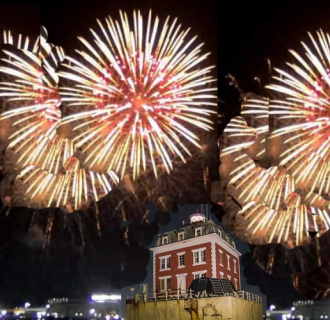 artist collage of fireworks over Ledge Light