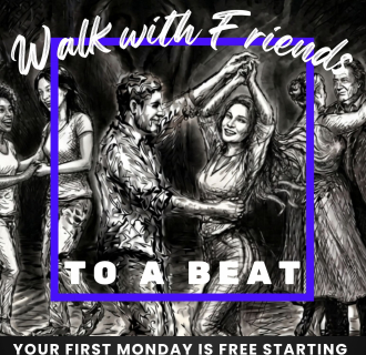 Black and white artwork of various able bodied dancing couples showing inclusivity for age, race and sexual orientation. 