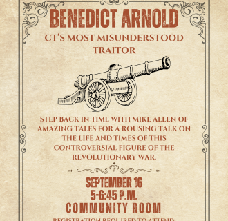 Benedict Arnold history program flyer for Sept 16, 5-6:45 at PLNL
