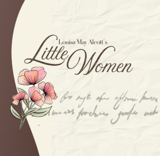 A bouquet with four flowers . Text reads Louisa May Alcott's Little Women