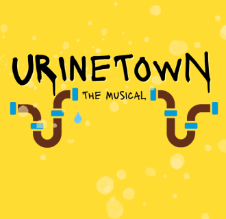 A droplet of blue water coming for a broken pipe, text reads Urinetown the Musical