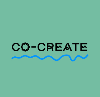Co-Create against an aqua background with a blue squiggle underline